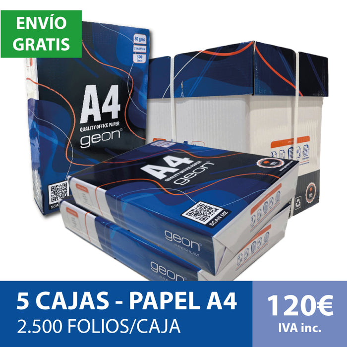 5 Cajas de 2500 Folios A4 de 80gr - Papel Multiusos Blanco para Fotocopiadora e Impresora multifunción